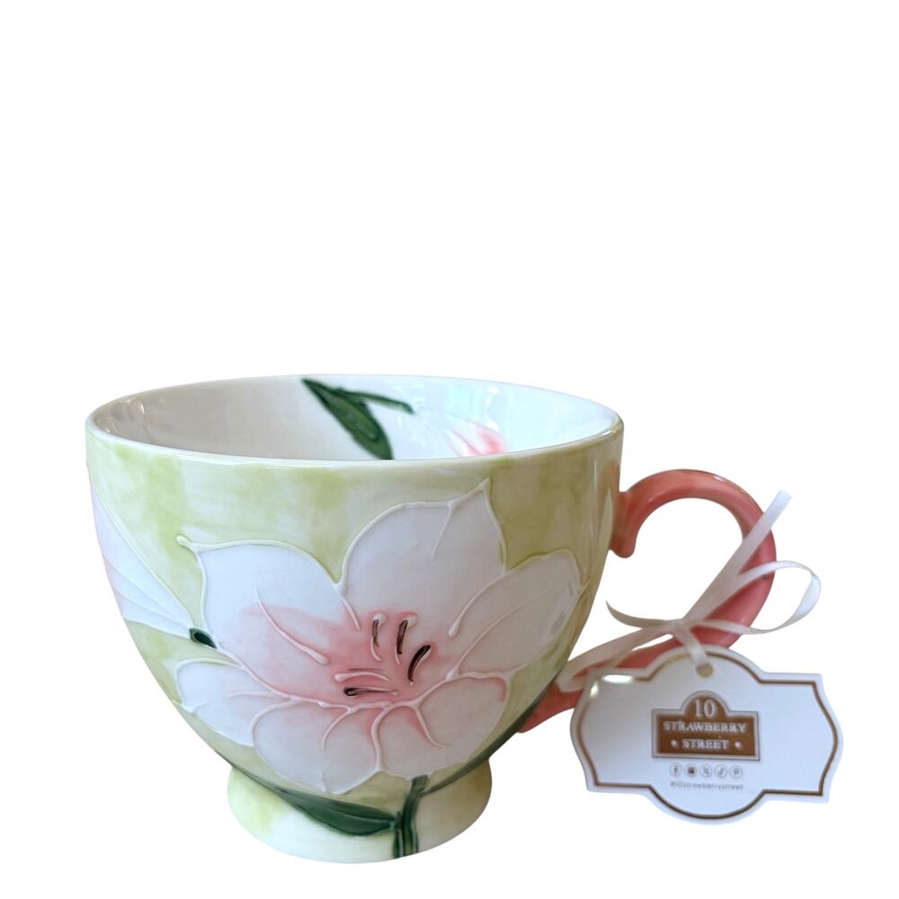 10 Strawberry St. Petaluxe Rose Tea Cup Floral Embossed Coffee Mug Hand Painted